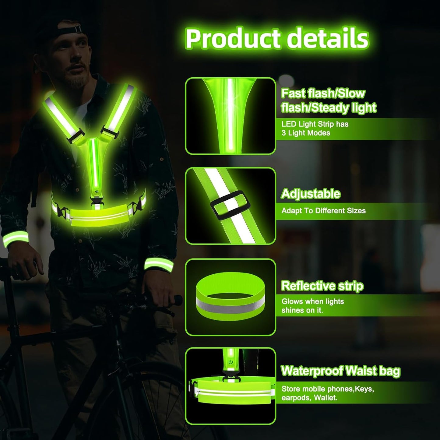 JZ LED Running-Gear Reflective Vest for Running at Night, High Visibility Rechargeable Led Running-Gear Vest with Armband for Runners Walkers Men With Adjustable Size (Copy)