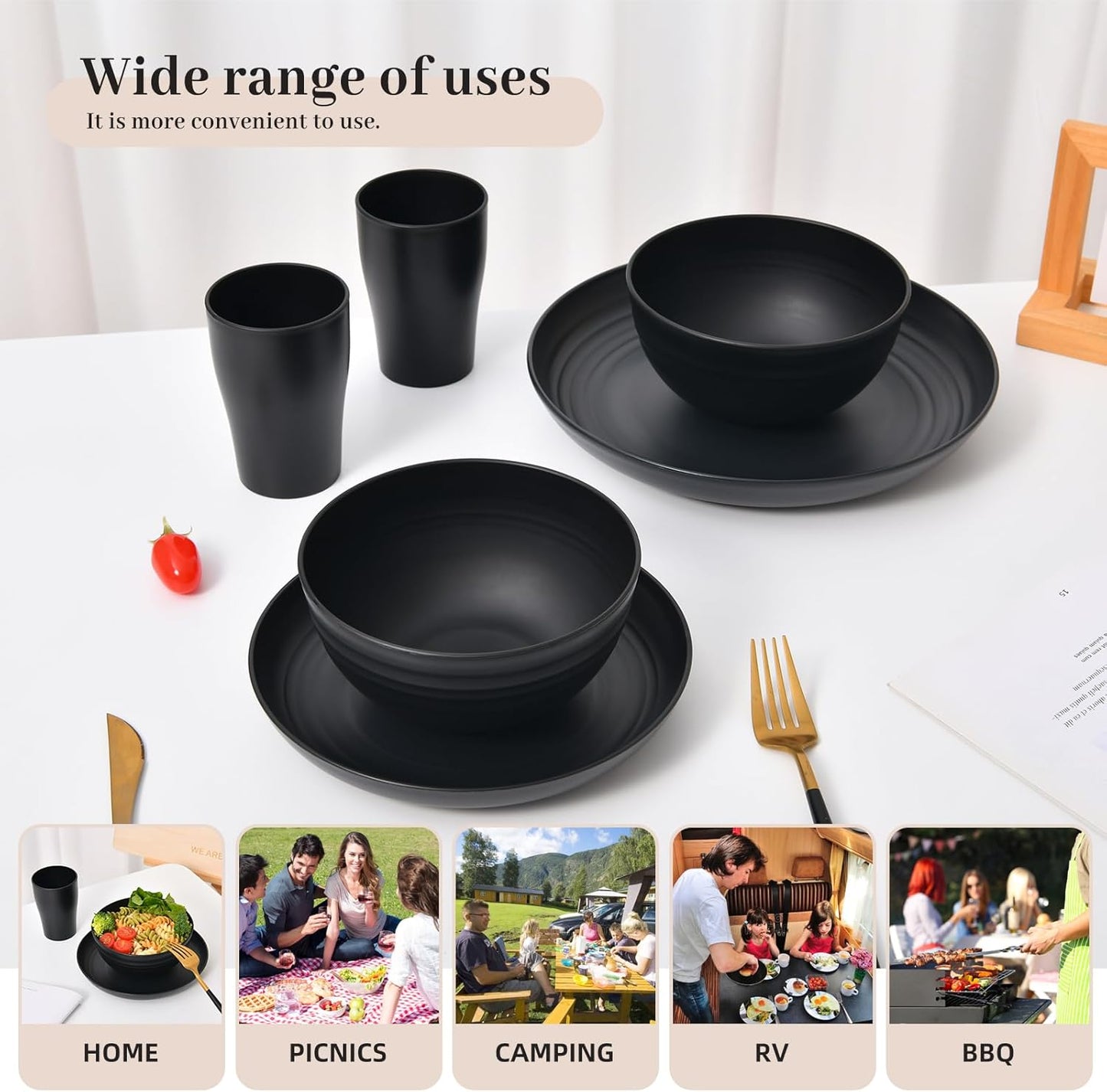 Wheat Straw Dinnerware Set of 32 Piece 8 Dinner Plates, 8 Sweets Plates, 8 Bowls, 8 Cups Unbreakable Dishwasher, Microwavable, Reusable ideal for Camping and Everyday Use