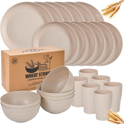 Wheat Straw Dinnerware Set of 24 Piece 6 Dinner Plates, 6 Sweets Plates, 6 Bowls, 6 Cups Unbreakable Dishwasher, Microwavable, Reusable ideal for Camping and Everyday Use