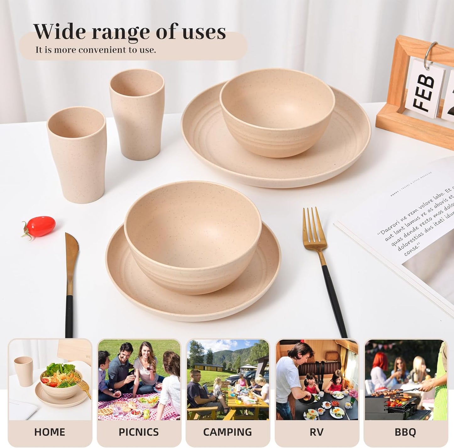 Wheat Straw Dinnerware Set of 24 Piece 6 Dinner Plates, 6 Sweets Plates, 6 Bowls, 6 Cups Unbreakable Dishwasher, Microwavable, Reusable ideal for Camping and Everyday Use