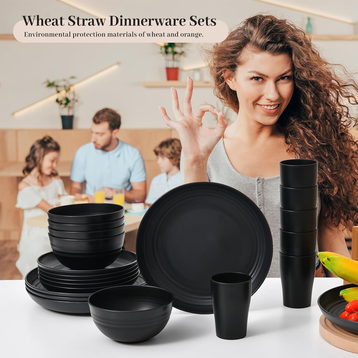 Wheat Straw Dinnerware Set of 32 Piece 8 Dinner Plates, 8 Sweets Plates, 8 Bowls, 8 Cups Unbreakable Dishwasher, Microwavable, Reusable ideal for Camping and Everyday Use