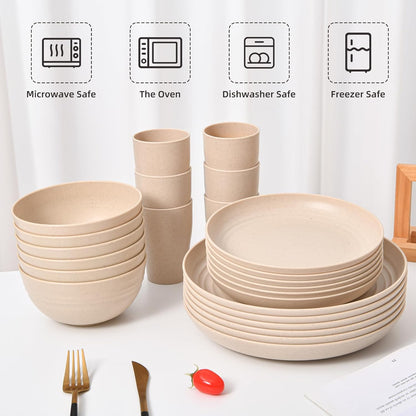 Wheat Straw Dinnerware Set of 24 Piece 6 Dinner Plates, 6 Sweets Plates, 6 Bowls, 6 Cups Unbreakable Dishwasher, Microwavable, Reusable ideal for Camping and Everyday Use