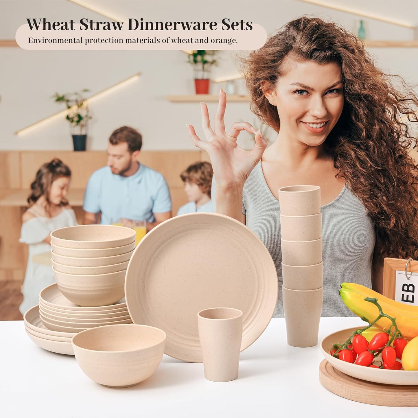 Wheat Straw Dinnerware Set of 24 Piece 6 Dinner Plates, 6 Sweets Plates, 6 Bowls, 6 Cups Unbreakable Dishwasher, Microwavable, Reusable ideal for Camping and Everyday Use