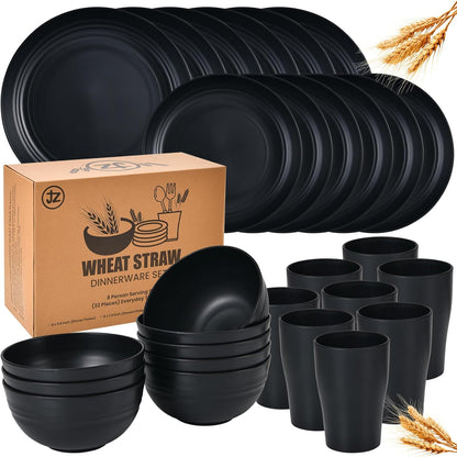 Wheat Straw Dinnerware Set of 32 Piece 8 Dinner Plates, 8 Sweets Plates, 8 Bowls, 8 Cups Unbreakable Dishwasher, Microwavable, Reusable ideal for Camping and Everyday Use