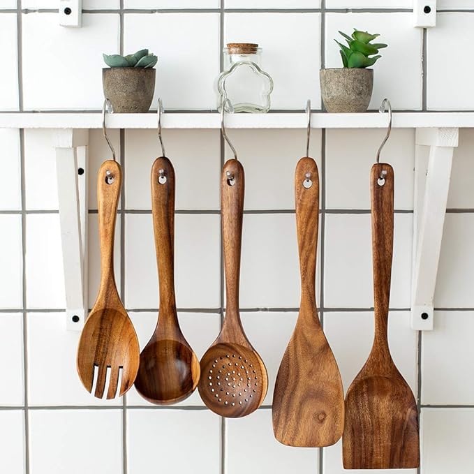 61lWeX37QcL._AC_SX679_.jpg Wooden Kitchen Utensils Set, 5 PCs Natural Acacia Wooden Cooking Spoons Set - Image 3