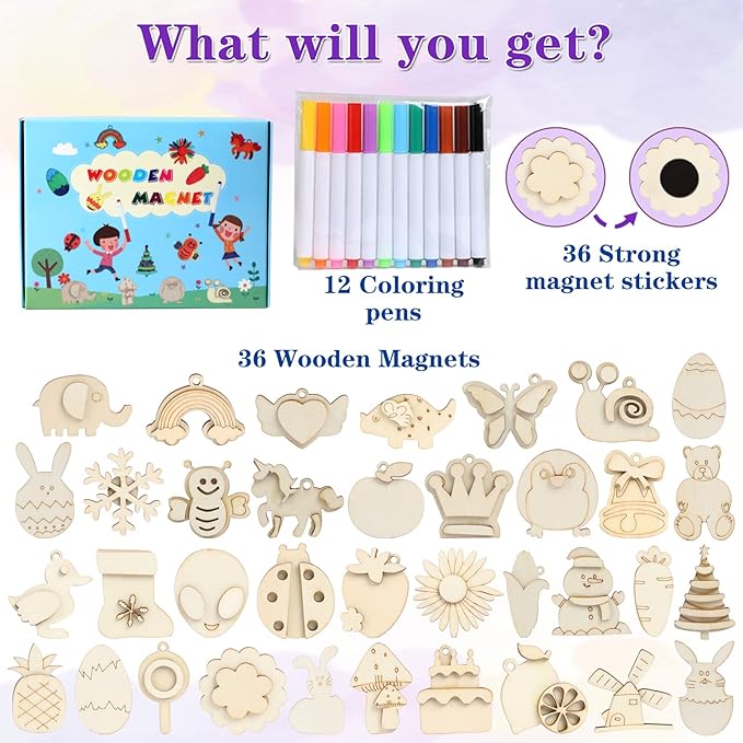 716qeXu3JNL._AC_SX679_.jpg Worgree DIY Wooden Magnets, 36 pcs Wooden Art Craft Supplies Painting Kit - Image 3