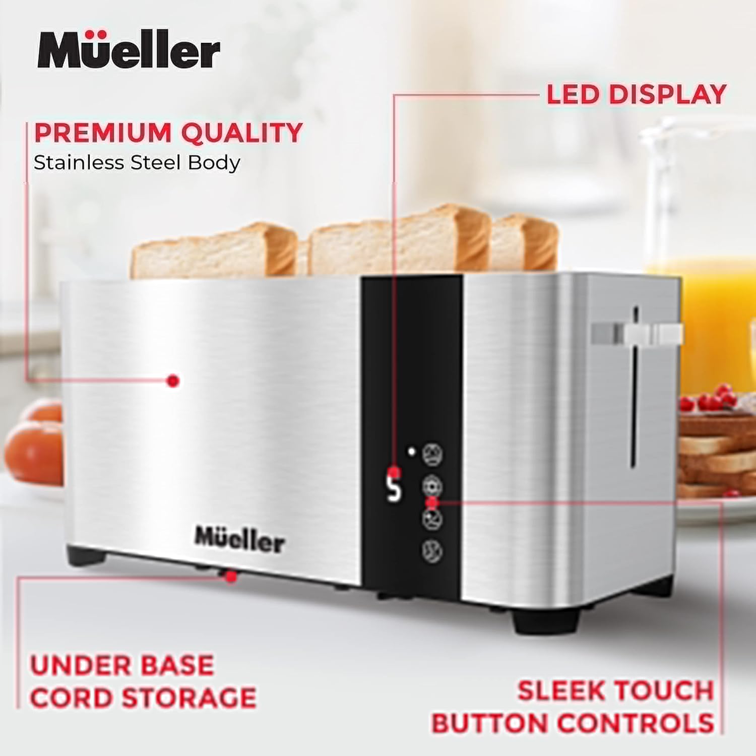 mu2.jpg Mueller UltraToast Full Stainless Steel Toaster 4 Slice with Removable Tray - Image 2