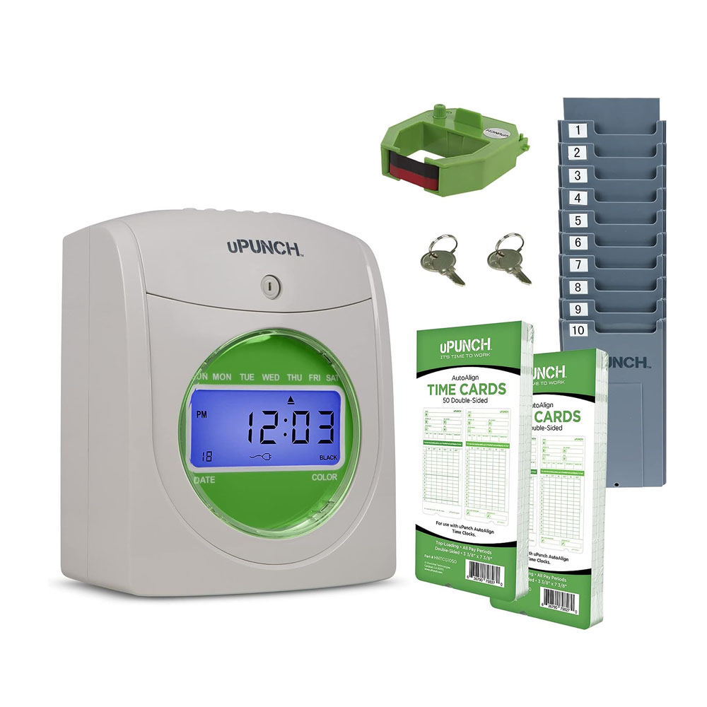 u1-1.jpg uPunch Time Clock Bundle with Cards, Time Card Rack, Ribbon- 2 Keys - Image 1